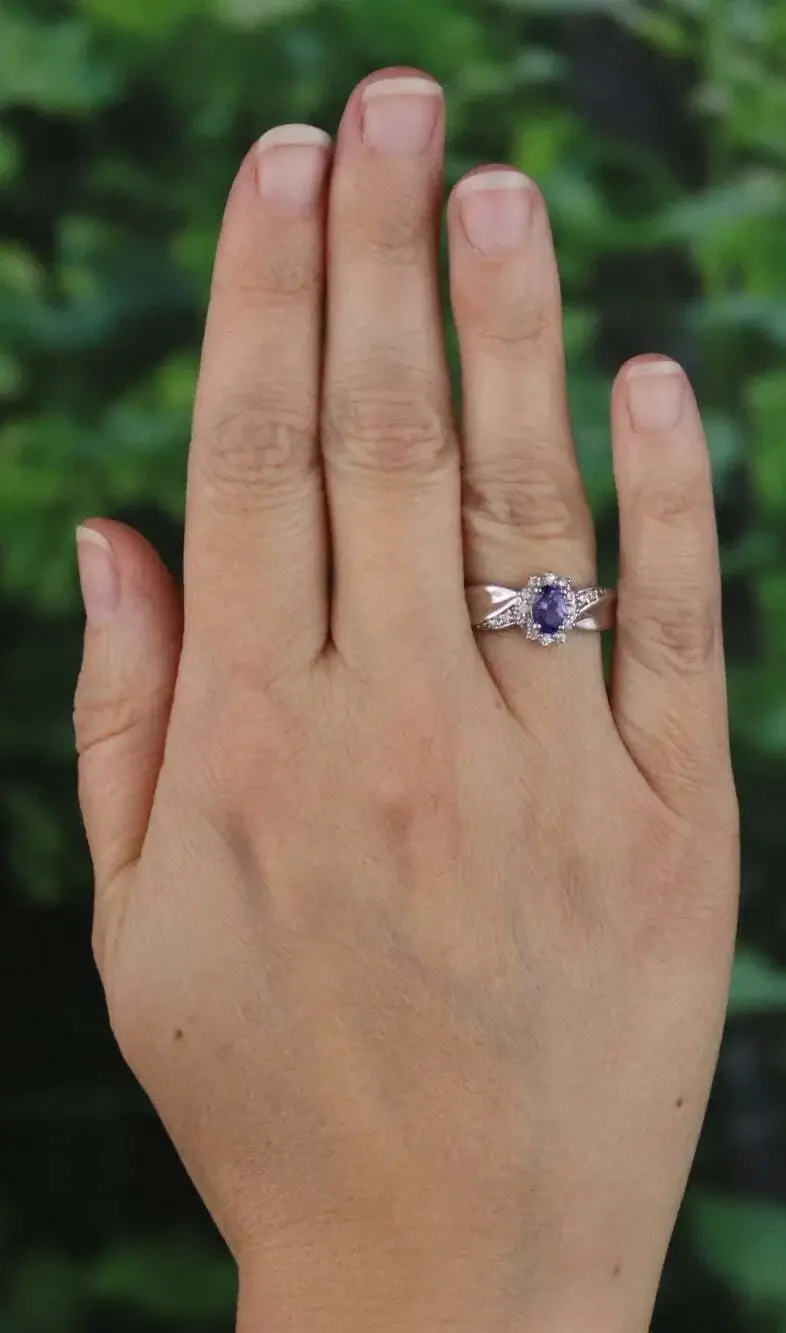 Sterling Silver Natural Tanzanite & White Zircon Ring Size 9 1/4